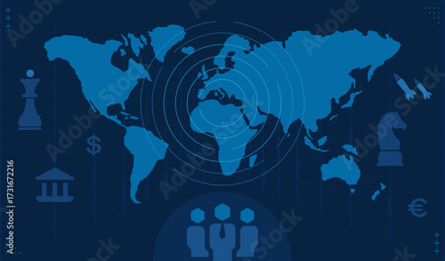 Geopolitics World Map with Global Strategy Icons. Trade, Diplomacy, Currency, and Technology Concept. Vector Template Background