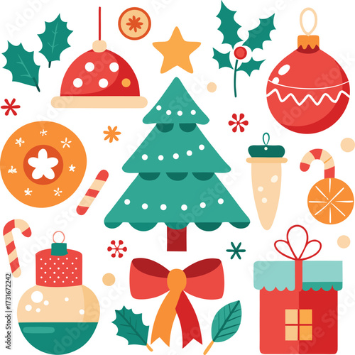 Vector art of a vibrant assortment of christmas elements such as a decorated tree, baubles, gifts, candy canes, and holly, presented on a clean