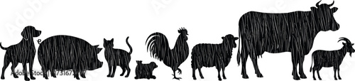 PrintFarm animals silhouettes, dog, pig, cat, rabbit, rooster, hen, cow, goat, livestock illustration, rural agriculture, domestic animals, vector art
