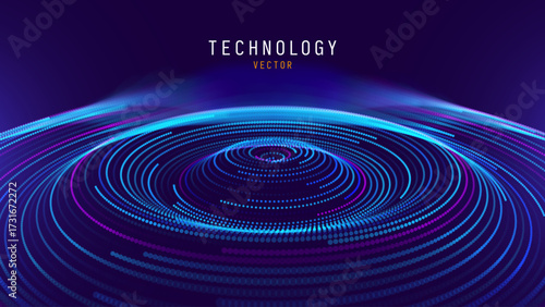 Abstract Digital Technology. Circles Data Flow. Futuristic Circular Sound Wave. Big Data Visualization. 3D Virtual Space VR Cyberspace. Crypto Currency Blockchain Concept. Vector Illustration.