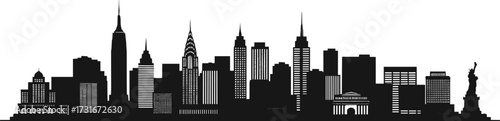 PrintNew York City skyline silhouette, Manhattan architecture, Empire State Building, Chrysler Building, Statue of Liberty, urban landmark, travel destination, USA