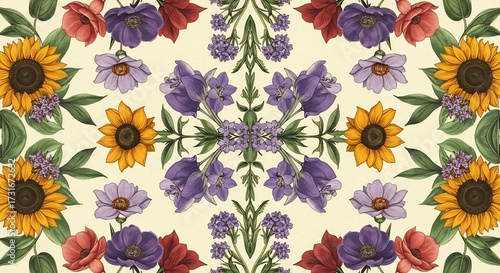 Wallpaper Mural 美しく咲き誇る鮮やかなひまわりと優雅な紫色のアイリスそして赤いポピーが織りなす豪華なボタニカル模様が繊細なクリーム色の背景に広がるエレガントなデザインシームレスな繰り返しで活き活きとした花々の世界を表現した装飾的な壁紙テキスタイル背景. AI Generated Torontodigital.ca