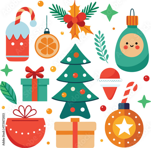 Vector art of a charming assortment of christmas symbols such as a decorated evergreen, festive ornaments, wrapped presents, a snowman, and candy cane, presented on a white backdrop