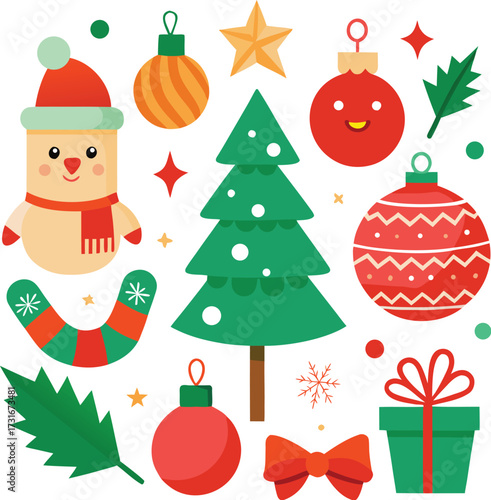 Vector art of a delightful ensemble of christmas characters and items including a snowman, festive tree, gift box, bow, and ornaments, all isolated on a