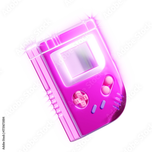 Glowing Pink Portable Game Console Illustration On Transparent Background Retro Gaming Icon Bright Light Pastel Colors