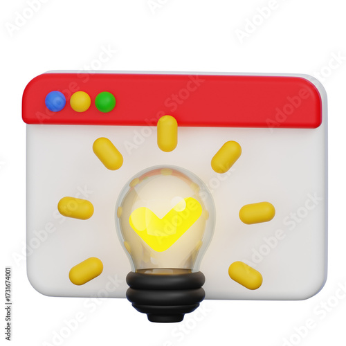 Glowing Yellow Lightbulb Shining with Checkmark on White Browser Window with Red Frame in 3D Rendering on Transparent Background