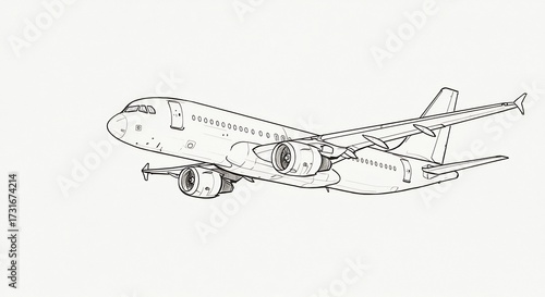 白い背景に描かれた旅客機の繊細な線画イラスト精密なアウトラインで表現された飛行機の姿. AI Generated