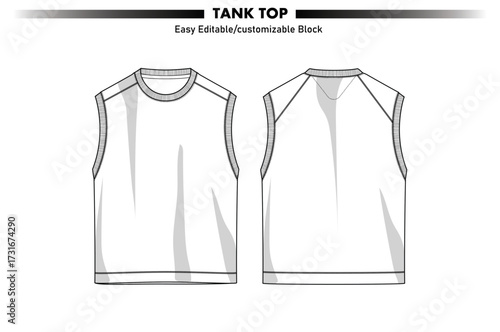 Front and back flat sketch of a sleeveless tank top with raglan sleeves and crew neck