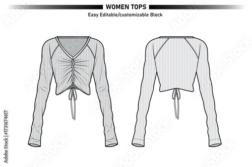 Fashion illustration of a ruched drawstring front long sleeve cropped women s top from front and back views