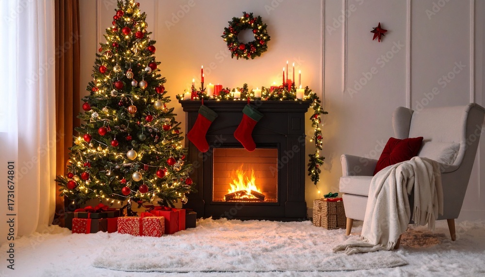 Fototapeta premium Cozy Christmas interior with tree, fireplace, stockings, gifts, and snowy window view.