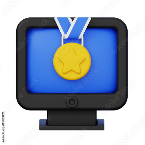 Gold Star Medal on Computer Screen with Blue Ribbon Achievment in Digital World Flat Lay on Transparent Background.