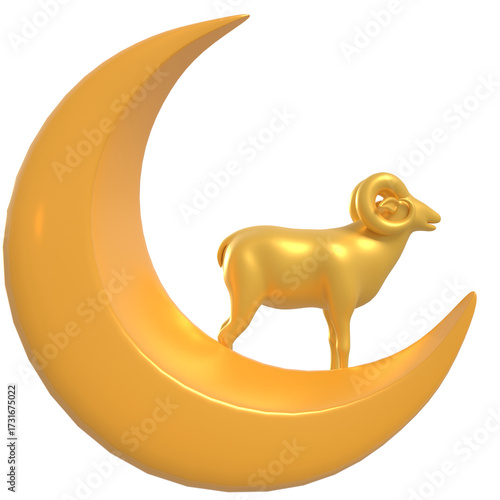 Golden Aries Zodiac Symbol Resting on a Crescent Moon on Transparent Backdrop
