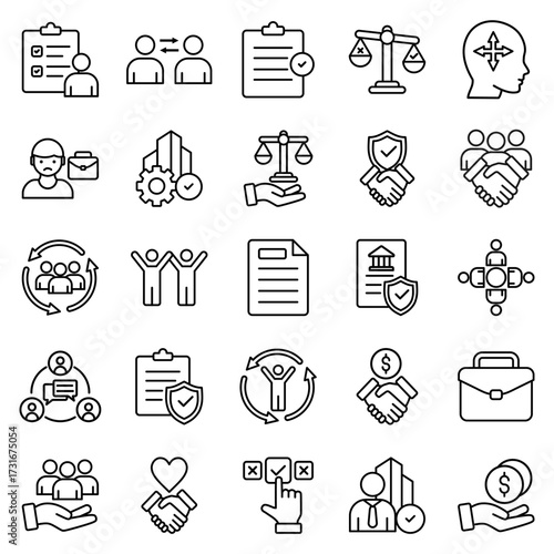 Business ethicsSet of 25 thin line icon vector illustration. icon of responsibility, reliability, principle, morality, behavior, relationship, and trust
