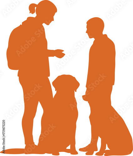 PrintSilhouette of two people with dogs, outdoor walking scene, pet owners meeting, dog training interaction, friendship, companionship, lifestyle concept