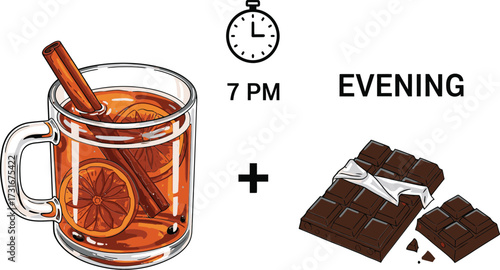 Vector art of evening drink with chocolate, a glass of mulled wine with orange and cinnamon, paired with a bar of chocolate
