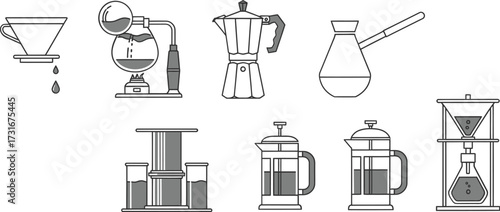 Vector art of various coffee brewing methods, different types of coffee makers and brewing equipment for coffee preparation