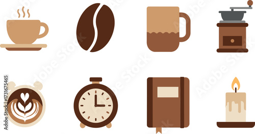 Vector art of coffee time vector icons cup, coffee bean, mug, grinder, latte art, alarm clock, notebook, and candle