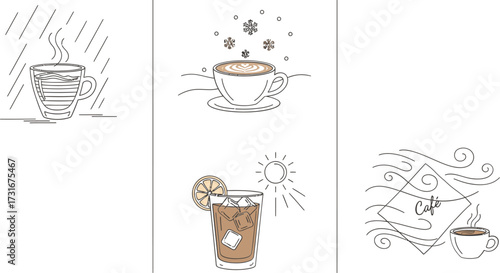 Vector art of hand drawn coffee and tea illustration set rainy day, snowy day, sunny day, windy day, cafe