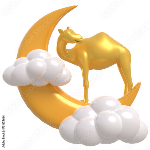 Golden Camel on Crescent Moon with White Clouds on Transparent Background Festive Arabian Night Scene
