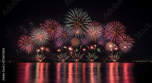 Spectacular fireworks display over water at night colorful explosion