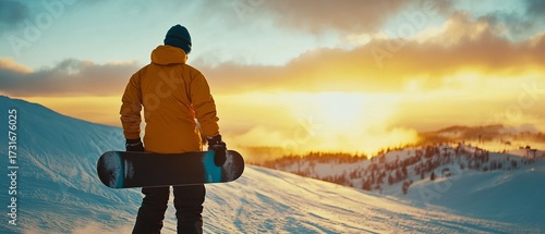 Person with snowboard at sunset over snowy mountains