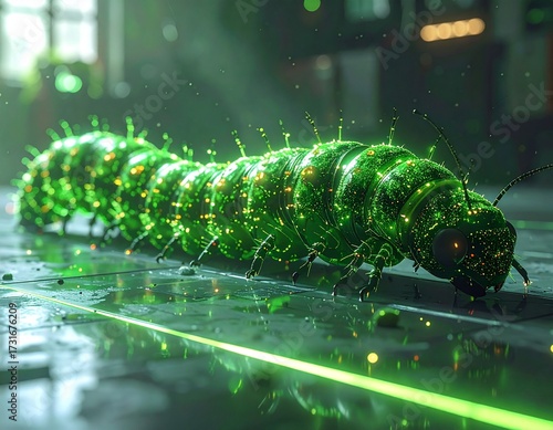 Green digital caterpillar illustration on a dirty floor, blending technology with nature in a sleek and modern design, perfect for tech or eco-themed projects
