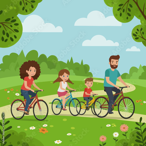 Happy Family Riding Bicycles Together in Park