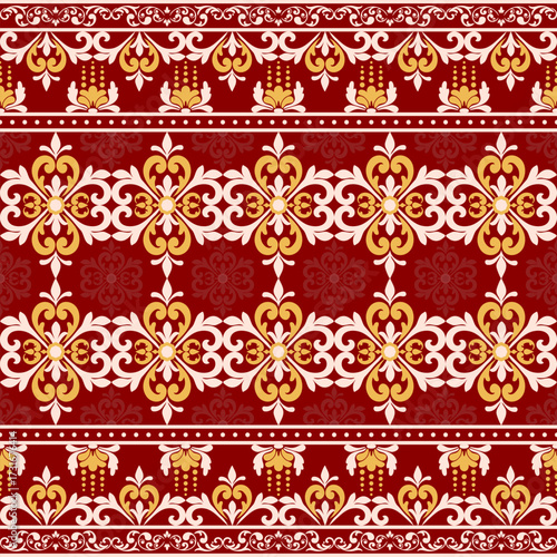  Ornamental luxury damask geometric pattern seamless in red and gold