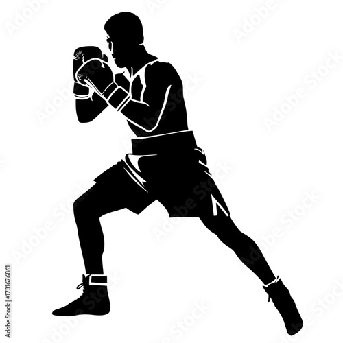 Boxer fighter silhouette in defensive stance with boxing gloves and traditional shorts, representing Thai kickboxing martial arts sport in black vector style
