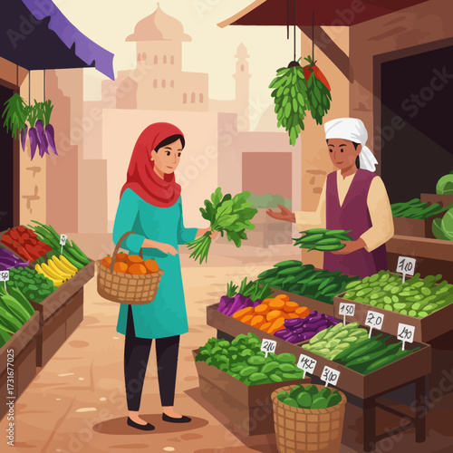 Woman Buying Fresh Vegetables at Traditional Market