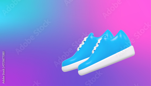3d blue sneakers on neon background. Men's and women's footwear. Stock vector illustration on isolated background.