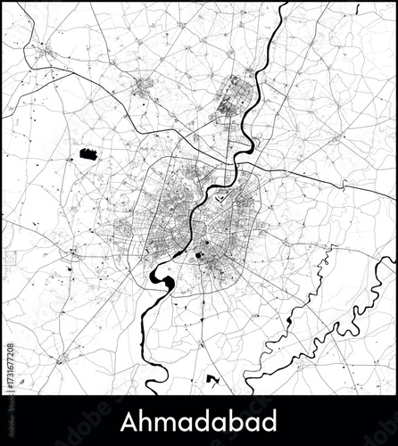 Ahmadabad city map, India - Topographic vector map poster