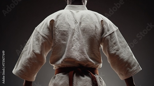 Karateka's back, light gray uniform, orange belt
