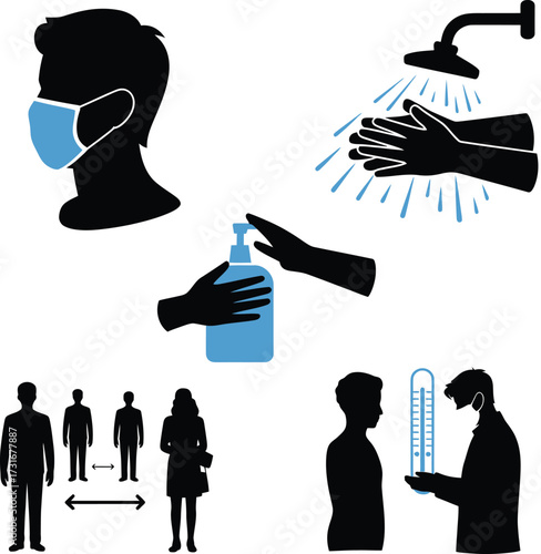 Covid-19 Hygiene Protection and Social Distancing Illustration Elements