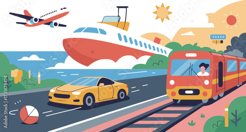 Transportation scene with airplane boat car and train
