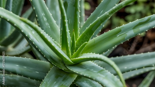 Close-up view of vibrant fresh green aloe vera plant leaves with dew drops