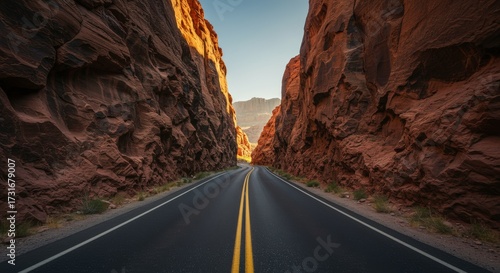 Road through towering canyon walls with vibrant red and orange rock formations under bright sunlight
