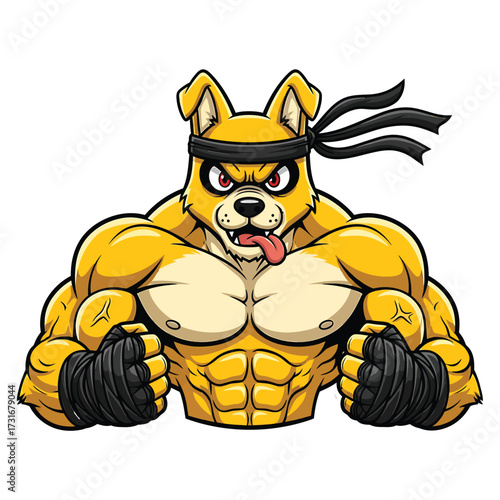 Mascot dog character with muscular body and headband