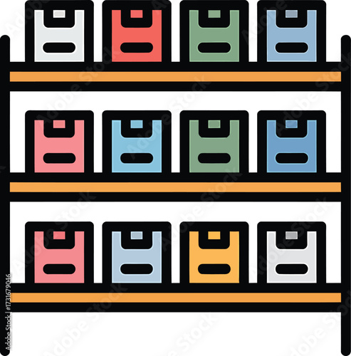 Colorful Storage Rack with Boxes Illustration for Organization and Inventory Management