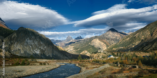 Panoramic view of valley and Marsyangdi River from village of Bhraka, which f...