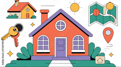 House with key map and location icons for real estate