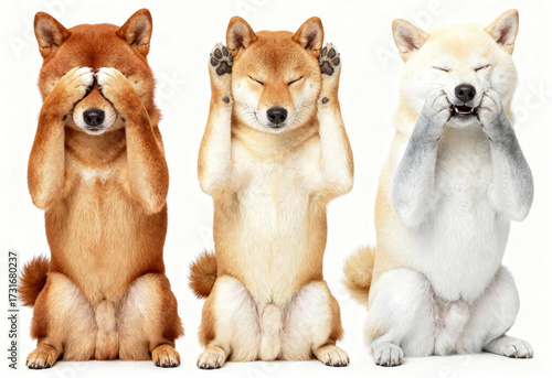 Three Shiba Inu dogs in hear no evil see no evil speak no evil pose isolated on white