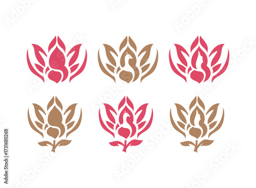Lotus flower ornament logo pack with woman and peacock silhouette. Elegant floral ethnic icon set for spa, yoga, wellness, boutique, beauty salon, luxury branding, and decorative design elements.
