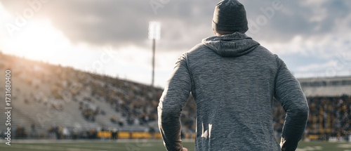 Man in gray hoodie at a stadium, looking out over the field