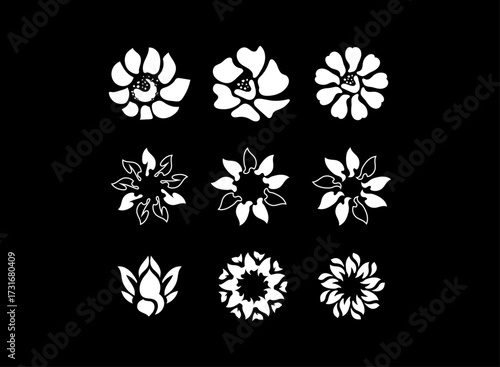 Floral vector silhouette set with daisy, lotus, sunflower and abstract petal icons. Elegant botanical flower logo template for beauty, boutique, fashion, spa, cosmetic, and organic branding.