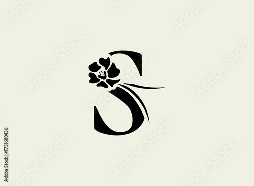Floral monogram letter S design. Elegant flower typography with botanical, feminine, vintage, minimal, modern, luxury, eco, nature, decorative, wedding, boutique, and beauty style.