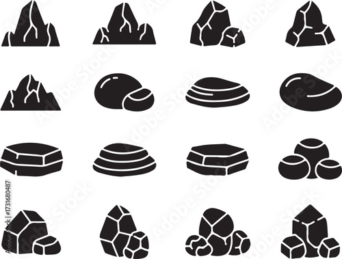 Stone Collection Graphic Set: A diverse array of solid stone icons, each meticulously crafted with distinct shapes and textures, is an ideal visual resource for any design.