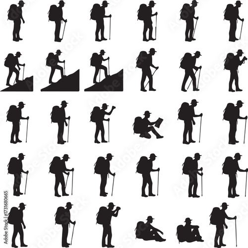 Adventurer Silhouette Collection: A captivating montage of adventurer silhouettes, showcasing diverse actions such as hiking, navigating, and pausing, all set against an immersive backdrop.