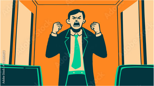 Vector illustration of an angry businessman yelling with rage, symbolizing corporate pressure and workplace conflict