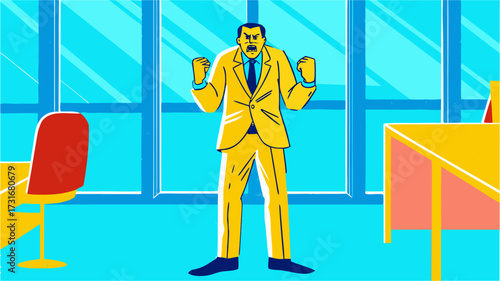 Furious businessman in a yellow suit shouting with rage and clenching fists in a modern office, representing workplace stress and conflict
